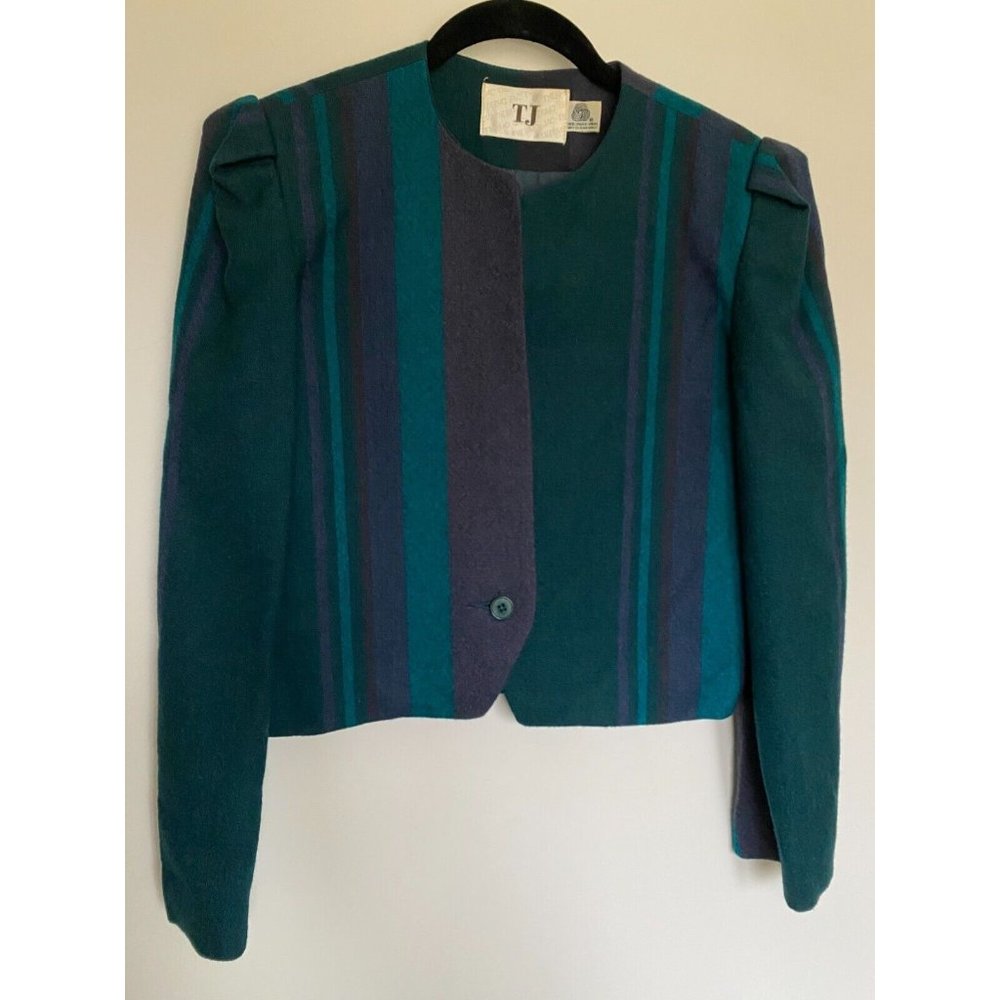 Vintage Thermo Jac Womens 100% Wool Striped Suit Coat Cropped Blazer Jacket Sz M